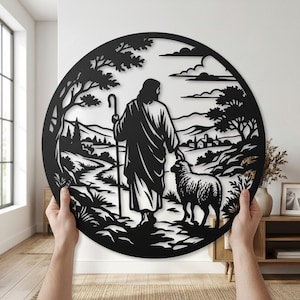Good Shepherd Circle Metal Sign | Jesus Sheep Landscape Wall Art | Christian Decor | Scripture Gift | Round Wall Decor