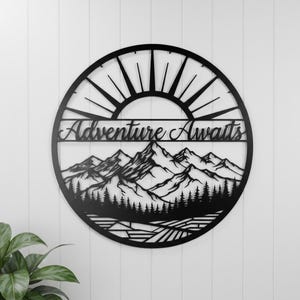 Personalized Mountain Adventure Metal Sign, Custom Sun and Peak Wall Art, Nature Lover Gift, Cabin Decor, Outdoor Explore Wall Hanging