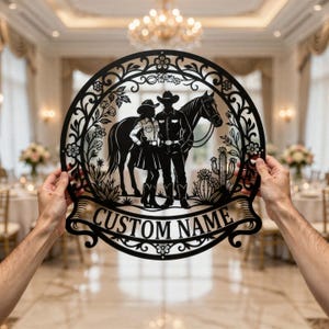 Custom Western Couple Sign, Personalized Cowboy Cowgirl Name Metal Decor, Horse Cactus Wall Art, Rustic Wedding Gift, Anniversary Sign