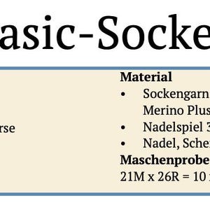 Pode incluir: Um gr&aacute;fico creme com o t&iacute;tulo "Basic-Socken" e detalhes para tric&ocirc; de meias. Inclui faixas de tamanhos, t&eacute;cnicas, materiais como fio de meias e agulhas, e uma amostra de 21 pontos x 26 carreiras = 10 x 10 cm.