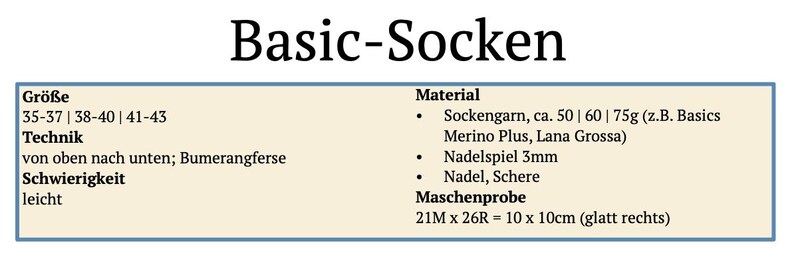 Pode incluir: Um gr&aacute;fico creme com o t&iacute;tulo "Basic-Socken" e detalhes para tric&ocirc; de meias. Inclui faixas de tamanhos, t&eacute;cnicas, materiais como fio de meias e agulhas, e uma amostra de 21 pontos x 26 carreiras = 10 x 10 cm.