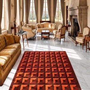 Alfombra geométrica moderna roja / Alfombra con estampado de cubos 3D, decoración llamativa para la sala de estar