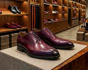 Oxford Men's Burgundy Dress Shoes - Handmade Leather Business Formal Shoes