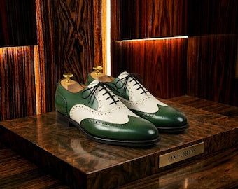 Men's Green & White Spectator Dress Shoes – Handmade Leather Two-Tone Wingtip Brogue Shoes