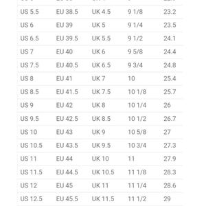 May include: Size chart from Elega Designs Boutique, listing US, EU, and UK shoe sizes with corresponding inch and centimeter measurements. Includes sizes from US 5 (22.9 cm) to US 13.5 (30 cm).