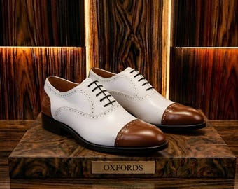 Oxfords White and Brown Two Tone Vintage Spectator Shoes - Men's Formal Wedding Dress Shoes