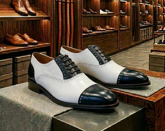 Men's Oxford White & Black Cap Toe Brogue Shoes - Handmade Leather Formal Dress Shoes