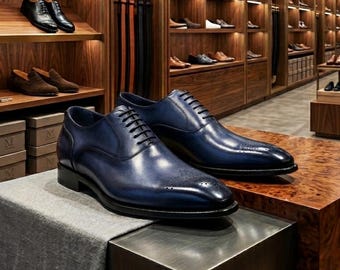 Scarpe eleganti da uomo di lusso blu navy - Scarpe brogue formali in pelle fatte a mano