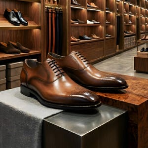 May include: A pair of brown leather dress shoes with black laces, displayed on a wooden surface. The shoes have a classic design with decorative perforations on the toe. The background shows a shoe store with shelves of various footwear.