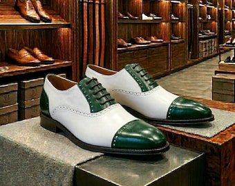 Men's Oxford Green Cap Toe Brogue Shoes - Handmade Leather Formal Dress Shoes