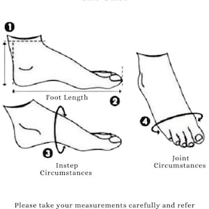 May include: A white size guide with illustrations of feet and measurement points. The text includes "Foot Length", "Instep Circumstances", and "Joint Circumstances". The Elega Designs Boutique logo is at the top.