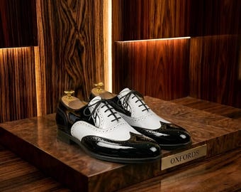 Men's Black Patent & White Spectator Dress Shoes – Handmade Leather Two-Tone Wingtip Brogue Shoes