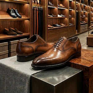 May include: A pair of brown leather dress shoes with intricate brogue detailing on the toe. The shoes have a classic lace-up design and are displayed on a textured surface. The background features a wooden shoe display.