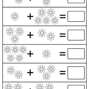 Puede incluir: Hoja de trabajo en blanco y negro con problemas de suma. Cada problema presenta ilustraciones de flores y una ecuación con un cuadro en blanco para la respuesta. La hoja de trabajo está diseñada para la práctica temprana de matemáticas.