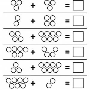 May include: Black and white educational worksheet with addition problems. Each problem shows groups of circles being added together, with a blank square for the answer. The worksheet is designed for early math practice.