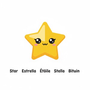 Könnte beinhalten: Ein gelber Cartoon-Stern mit einem lächelnden Gesicht, rosa Wangen und schwarzen Augen. Das Wort "Stern" steht unter dem Stern, zusammen mit den Wörtern "Star, Estrella, Étoile, Stella, Bituin."