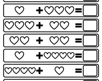 Arbeitsblatt zum Ausdrucken mit Herzen | Vorschule Mathe | Kindergarten Hinzufügen von Bildern | Addieren lernen