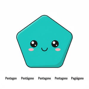 Op de afbeelding: Een turquoise cartoon vijfhoek met een lachend gezicht, zwarte ogen en roze wangen. Het woord "Pentagon" staat eronder afgedrukt, samen met andere woorden in verschillende talen.
