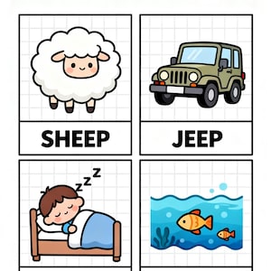 Può includere: Illustrazione colorata con il testo "-EEP Family". L'immagine presenta quattro pannelli: una pecora, una jeep verde, un bambino che dorme e due pesci arancioni nell'acqua. Ogni pannello ha una parola corrispondente sotto.