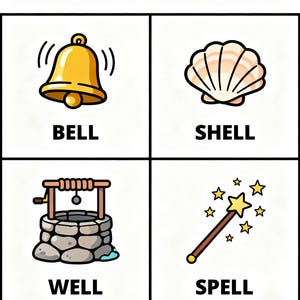 May include: A graphic illustrating the "-ELL Family" with four images: a gold bell, a seashell, a stone well, and a magic wand with stars. Each image has a corresponding word: BELL, SHELL, WELL, and SPELL.