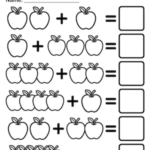 Può includere: Un foglio di lavoro educativo in bianco e nero intitolato APPLE ADDITION con una riga per un nome. Presenta sei righe di problemi matematici che utilizzano illustrazioni di mele, segni più e segni uguale seguiti da quadrati vuoti.