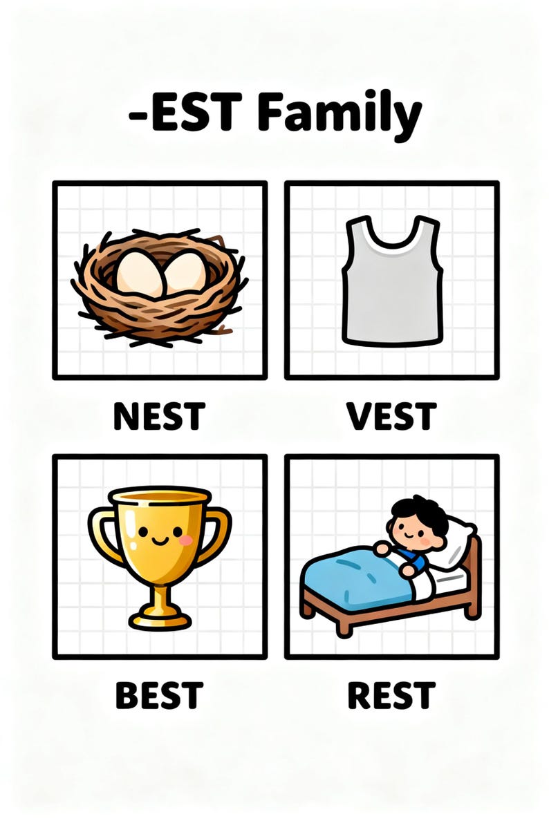 EST Word Family Flashcards Printable | Rhyming Words for Kids | Phonics ...