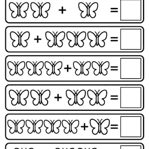 Può includere: Foglio di lavoro in bianco e nero intitolato "Butterfly Addition: Count and Draw!" con illustrazioni di farfalle e problemi di addizione. Ogni problema ha uno spazio per la risposta. Materiale didattico per bambini.
