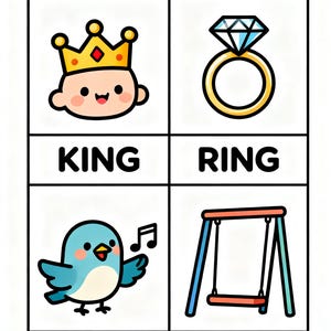 May include: A colorful educational chart with the title "-ING Family". It features four illustrations: a cartoon king wearing a crown, a diamond ring, a singing blue bird, and a swing set. Each image has a corresponding word: KING, RING, SING, and SWING.