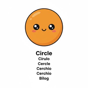 May include: An orange cartoon circle with a smiling face and the word "Circle" below it. Additional words in other languages are also listed below the word "Circle". The background is white.
