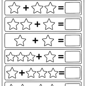Puede incluir: Hoja de trabajo educativa en blanco y negro titulada "Contar y Sumar". La hoja de trabajo presenta problemas de suma con ilustraciones de estrellas. La parte superior de la hoja de trabajo tiene el texto "Contar y Sumar" y "Ejemplo:" sobre el primer problema.
