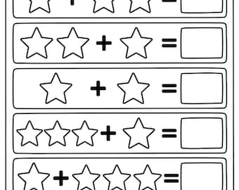 Arbeitsblatt zum Ausdrucken mit Sternen | Vorschule Mathe | Kindergarten Hinzufügen von Bildern | Addieren lernen