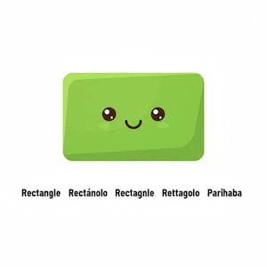 May include: A green rectangle with a smiling face, featuring brown eyes and a curved mouth. The word "Rectangle" is written below the shape. The image is on a white background.