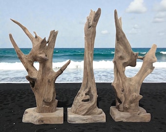 Escultura de madera de raíz de teca · Decoración de madera para salón · Pieza única de madera natural · Madera reciclada 70-90 cm