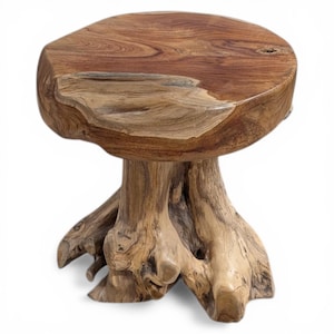 Può includere: Uno sgabello in legno fatto a mano con un design naturale e organico. Lo sgabello presenta una seduta rotonda e una base che ricorda le radici degli alberi. Il legno ha diverse tonalità di marrone e beige, che mostrano la venatura e la consistenza naturale. Lo sgabello è alto circa 46 cm.