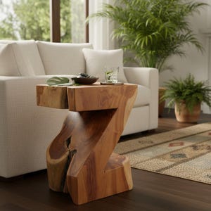 Teak Z-Shape Side Table · Solid Wood Sawn From Block · Sculptural Stool · Handcrafted Designer Piece