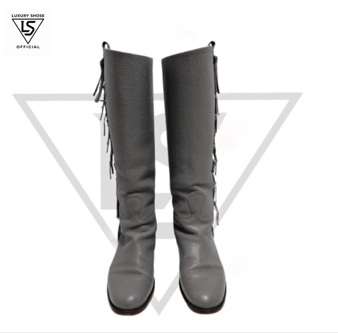 Handmade Grey Leather Knee-high Boots Fringed Riding Boots - Etsy