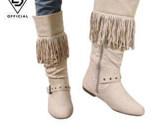 Beige Suede Fringe Boots, Boho Western Tassel Mid Calf, Flat Winter Cowgirl Style