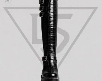 Botas de ingeniero de cuero negro con relieve de cocodrilo, LS Official, 18", triple hebilla, para motociclistas.