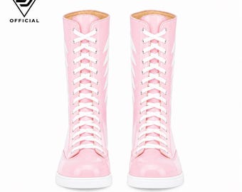 Baby Pink Patent Leather Knee High Lace Up Boots, White Lightning Detail, Goth Fashion