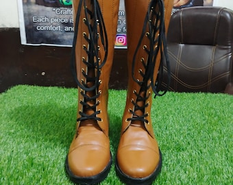 Botas altas de cuero marrón hechas a mano / Calzado de equitación estilo militar con cordones