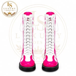 Custom Pink Flame Knee High Boots, White Leather Platform Combat, Personalized Gothic Streetwear