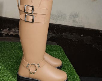 Beige Leather Knee High Boots, Double Buckle Strap, Minimalist Riding Footwear