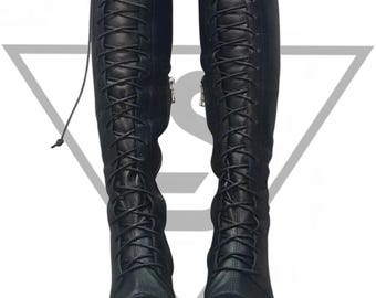 Handmade Black Leather Thigh High Boots | Lace Up Gothic Combat Style