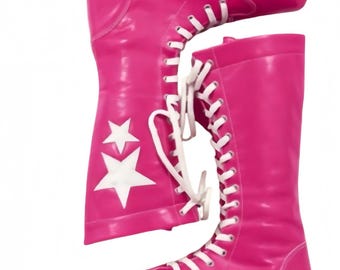 Botas de lucha libre profesional rosa fucsia con cordones y estrellas, calzado retro hasta la rodilla.