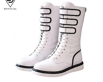 Botas de combate blancas de lujo hasta la rodilla para mujer / Botas con cordones y cremallera / Calzado de diseño urbano elegante