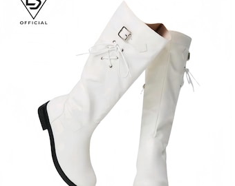 女性用ホワイトニーハイブーツ、高級レザーライディングブーツ、ミニマルなロングブーツ、ハンドメイドウィンターファッションブーツ、エレガントなフラットヒールブーツ