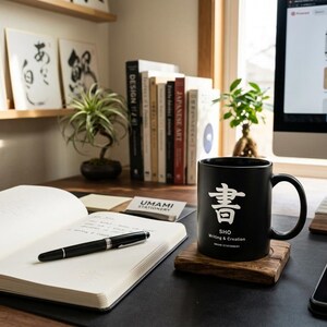 Mug en céramique noire avec inscription en kanji japonais « SHO » (écriture) - Tasse à café calligraphiée pour écrivains et passionnés de journal intime, cadeau minimaliste pour un bureau.