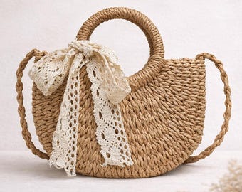 Straw Bag Boho Woven Handbag Summer Beach Bag Rattan Crossbody Purse Half Moon Bag Vacation Women Gift Trendy Bag
