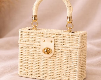 Borsa a mano in paglia intrecciata, mini borsetta boho in rattan, borsa a tracolla con manico superiore
