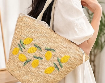 Borsa da spiaggia estiva in paglia, borsa con ricamo di limoni, borsa tote intrecciata, borsa per le vacanze, borsa a mano estiva di grande capacità, regalo per lei